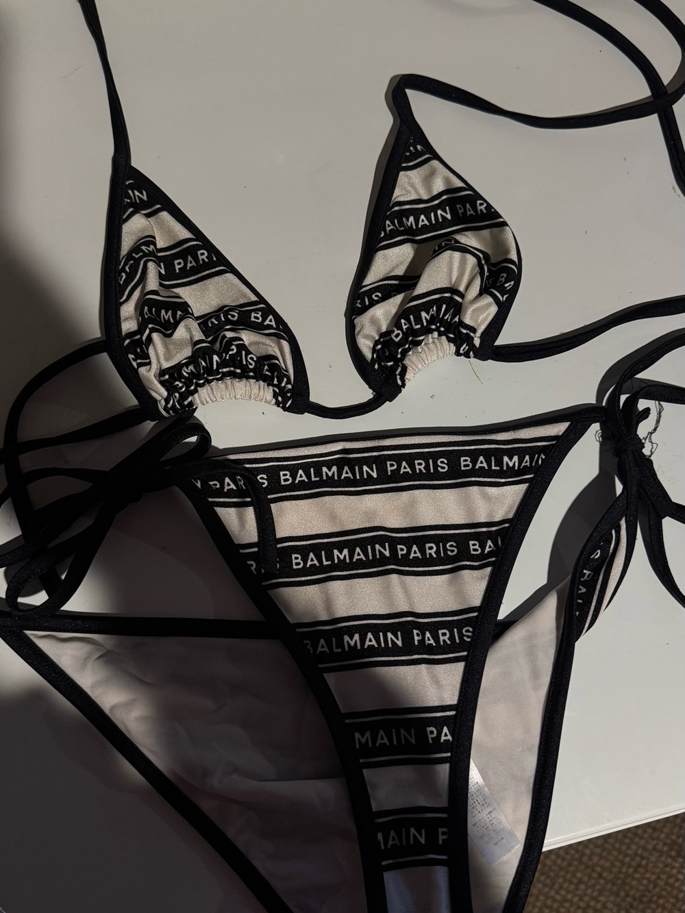 Balmain Black & Cream Logo Stripe Bandeau Bikini Set